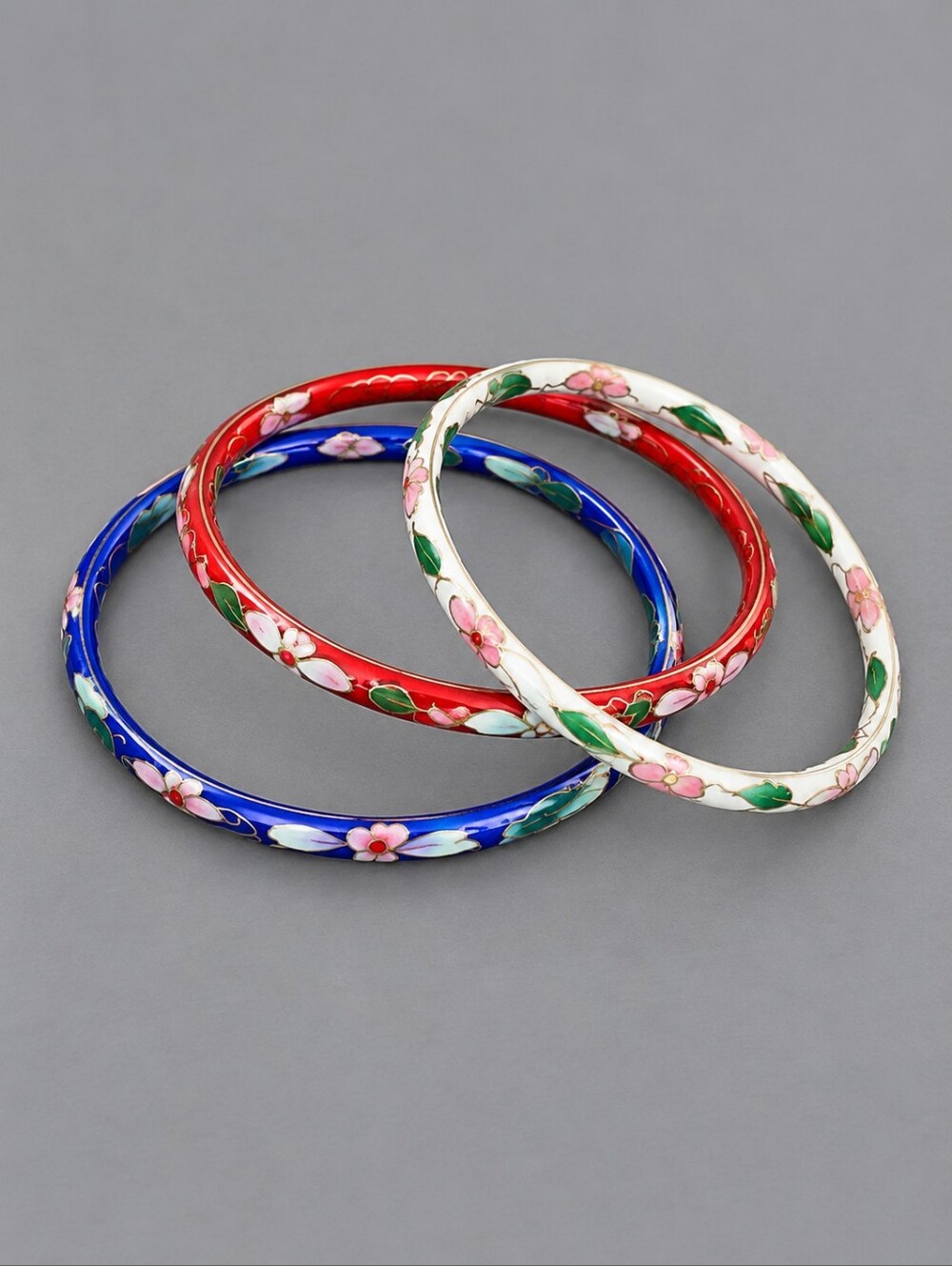 Vintage Set of Three Thin Floral Cloisonne Bangle Bracelets